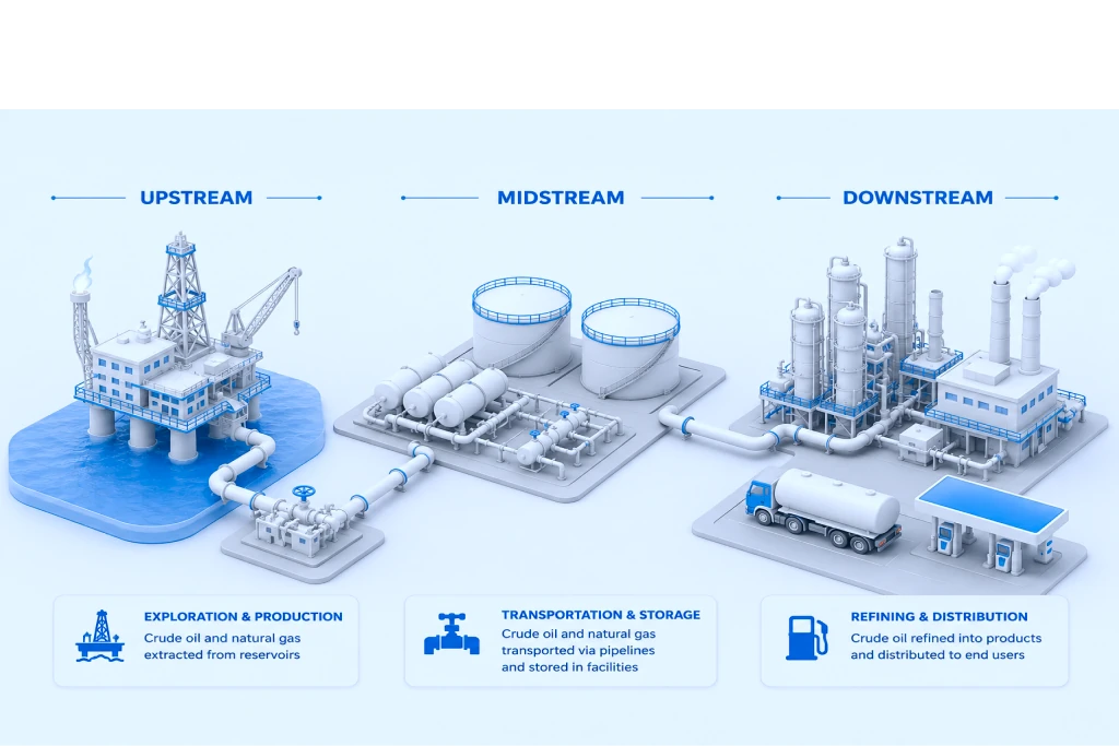 Upstream, midstream, and downstream oil and gas operations